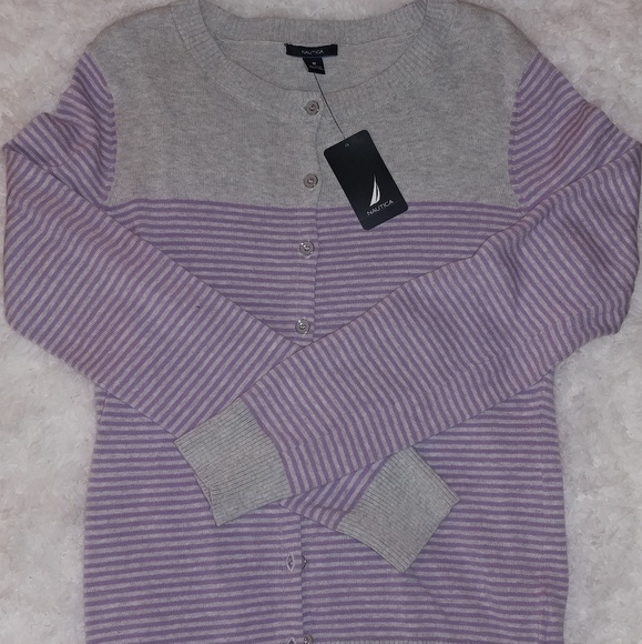 Nautica Women's Grey With Purple Stripes Cardigan - Picture 2 of 8